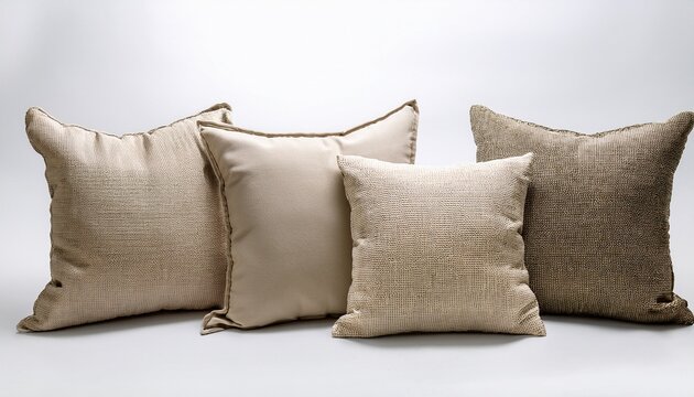 four beige textured throw pillows of varying sizes arranged in a row against a white background