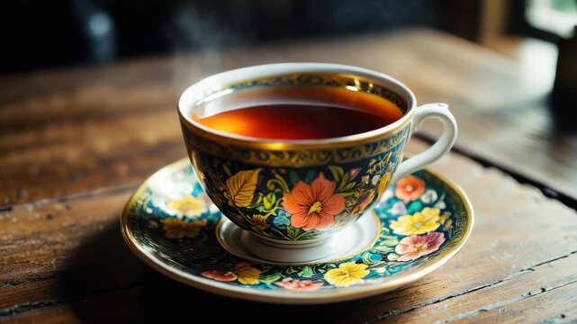 A close-up view of a cup and saucer with a steaming hot cup of tea