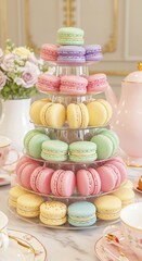Elegant Macaron Tower French Pastries Delicate Colors Afternoon Tea