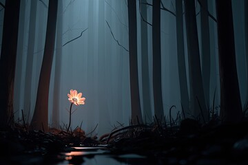 Glowing flower in misty forest