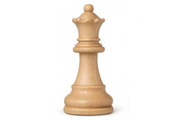 Classic wooden white queen chess piece standing on transparent background, representing strategy, power, and victory in the game