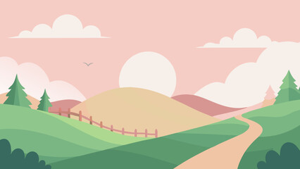 Fototapeta premium Serene summer landscape featuring green mountains, a clear sky, and a vibrant meadow with trees and colorful flowers, perfect for a cheerful countryside illustration