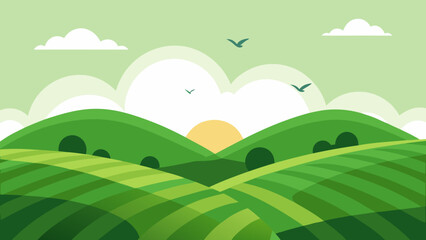 Fototapeta premium Green rolling hills meet a vibrant blue sky in this idyllic summer landscape with meadows and trees