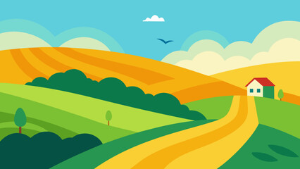 Vector illustration of a vibrant summer landscape with green hills, blue sky, and majestic mountains under the sun