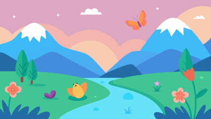 Obraz premium Lush spring and summer landscapes feature vibrant flowers, rolling hills, and majestic mountains under a bright sky, often depicted in a natural or cartoon illustration style