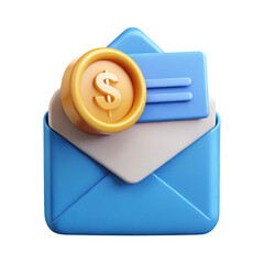 3d render of blue envelope with gold coin and receipt isolated on transparent background