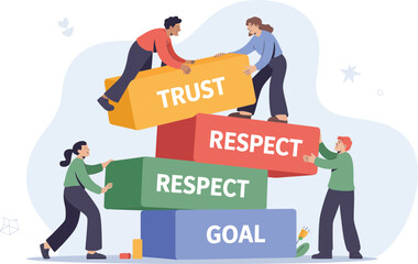 Teamwork building blocks with trust respect and goal for success concept