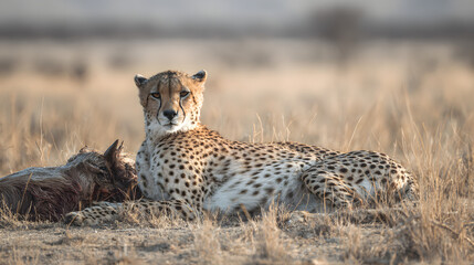 Naklejka premium Cheetah Lying Down with Prey in African Savannah Landscape