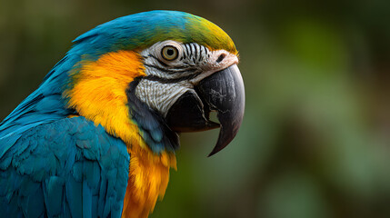 Fototapeta premium Blue and Yellow Macaw Parrot Profile with Lush Green Bokeh Background