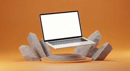 A modern laptop floats above a podium, surrounded by abstract rock formations, on an orange background.