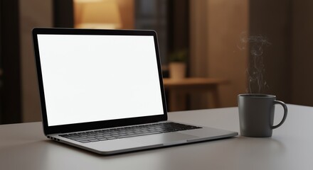 Fototapeta premium Workspace mockup with a modern laptop showing a blank white screen next to a steaming coffee mug on a desk at night.