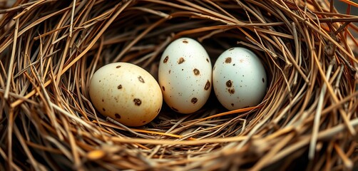 Obraz premium Three speckled eggs nestled in a hay-filled bird's nest, nestling, shallow depth of field