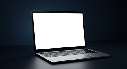 A modern laptop with a blank white screen is displayed on a dark surface, angled slightly for a clear view.