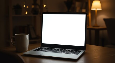 Fototapeta premium A laptop with a blank screen and a coffee mug sits on a table in a dimly lit room.