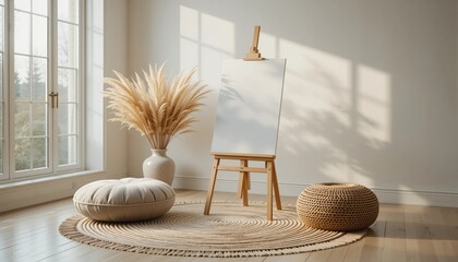 Artistic Studio Oasis Blank Canvas Natural Light Dried Flowers Bohemian Rug Poufs Window Shadows Minimalist Art Space