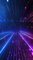 A futuristic scene with neon-lit grids and beams in vibrant purple and blue, creating a cyberpunk ambiance.