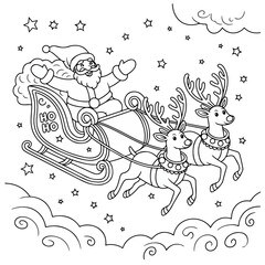Santa Sleigh Coloring Page &ndash; Festive Line Drawing with Reindeer, &ldquo;HO HO HO&rdquo; Sleigh, and Starry Night Sky