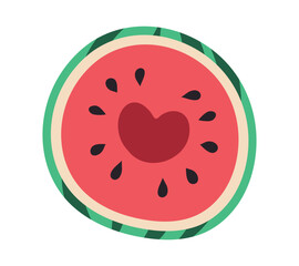 Cut Half of Watermelon with Heart in middle. Piece of fresh summer striped Fruit with seeds, juicy Pulp. Healthy eating with Love, vitamins. Isolated. Flat simple design. Doodle. Vector illustration
