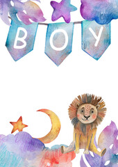 Watercolor baby boy nursery illustration. Hand-painted cute jungle lion