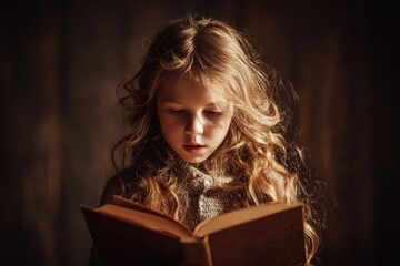 A beautiful young girl held a book immersed in reading