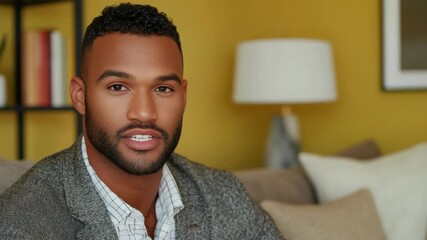 Colorful and inviting interior, smiling young male with contemporary style.