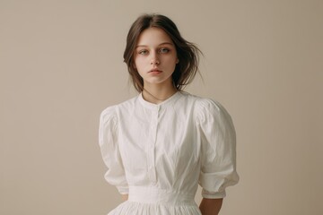 Obraz premium A girl in a simple white dress against a beige backdrop