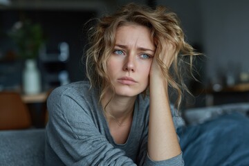 A lonely despondent woman sitting on a couch at home