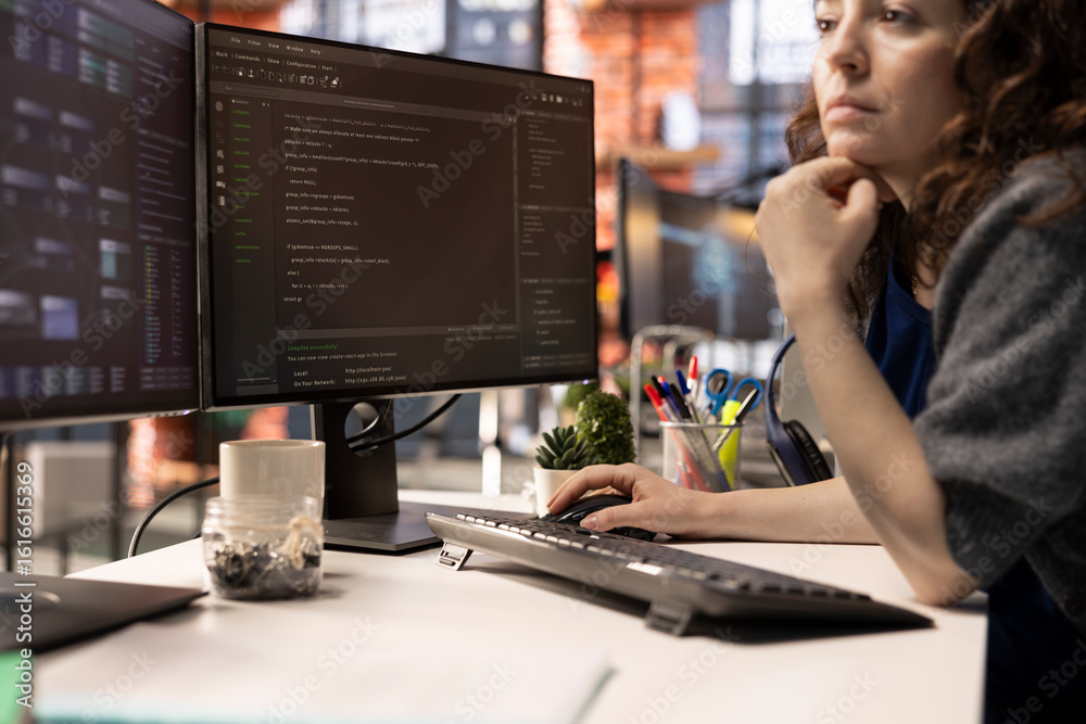 Poster female programmer seen typing code for a user interface design on dual monitors, working in a digita