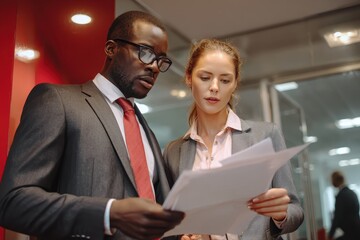 Business professionals in an office Black man reviewing a document White woman searching for one
