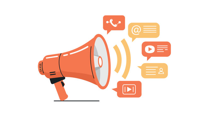 Digital marketing concept with megaphone and social media icons in flat style
