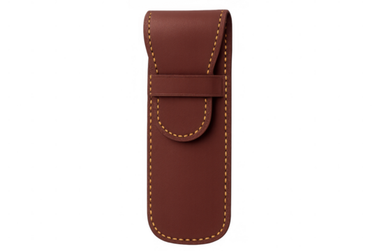 Luxurious leather pen case with golden stitching, showcasing refined design and precision craftsmanship against pristine transparent backdrop