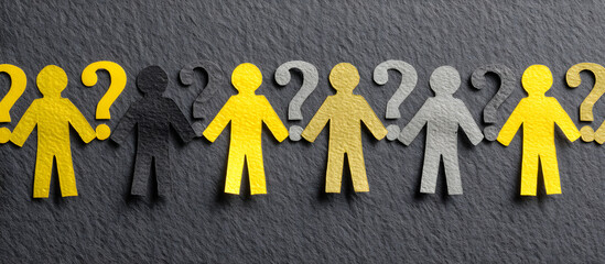 Conceptual image depicting paper people chain with question marks on vacant positions, indicating the need to hire staff due to shortages.