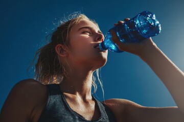 Athletic girl hydrates with a clear blue bottle from below