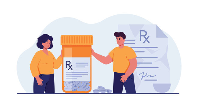 Prescription medication concept with characters holding pill bottle and rx note