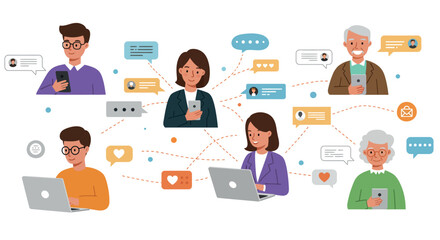 Diverse group of people connecting through technology in a flat design