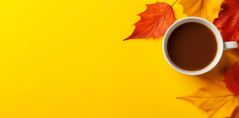 Coffee cup placed on vibrant yellow background surrounded by colorful autumn leaves, creating a warm and inviting atmosphere for seasonal enjoyment and relaxation