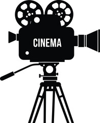 Obraz premium Cinema icon — CAD-style vector illustration of vintage film camera with reels and “CINEMA” text for movie app and media branding