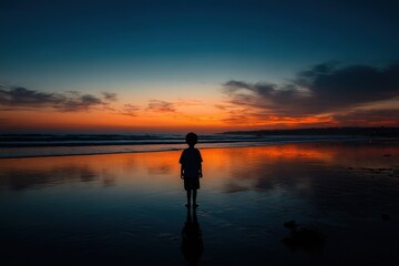 Fototapeta premium Boy s outline at the beach at sunset