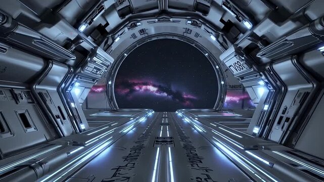 A dramatic 4K reveal animation sci fi metal hatch opening to panoramic futuristic landscape beyond ideal intros game cutscenes tech themed video