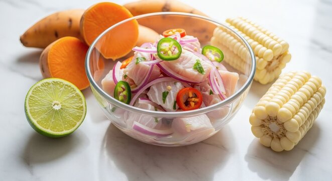 Classic Peruvian Ceviche with Fresh Fish, Lime, and Choclo Corn