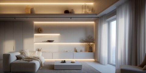 Modern Minimalist Living Room with Neutral Tones and Soft Lighting