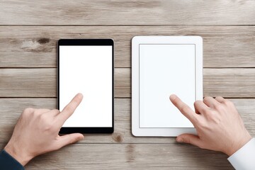Digital image of hands interacting with empty mobile and tablet screens