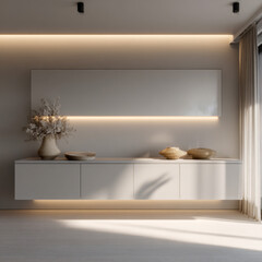 Modern Minimalist Living Room with Neutral Tones and Soft Lighting
