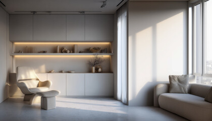 Modern Minimalist Living Room with Neutral Tones and Soft Lighting