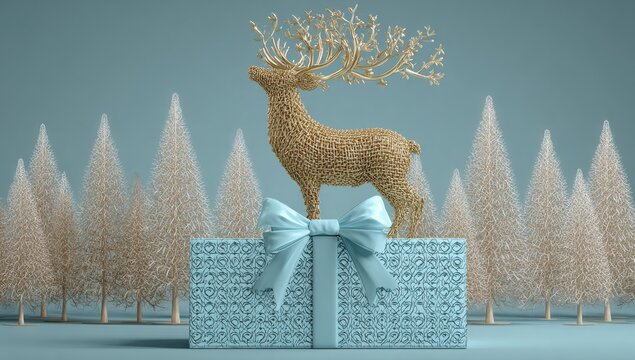 Decorative gift box with a reindeer and christmas trees.
