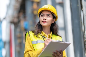 Female engineer of Asian descent auditing construction project on site