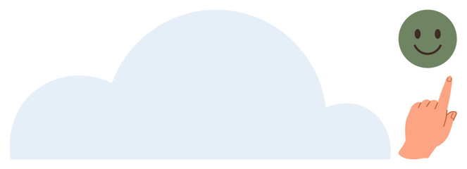 Hand pointing at green happy face floating near a large cloud. Ideal for positivity, feedback, optimism, communication, cloud storage, user experience, self-improvement. Minimal flat metaphor