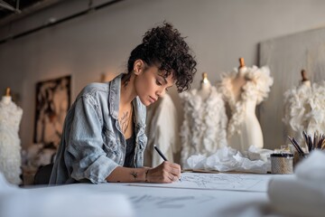 Female fashion designer creating her work in the studio