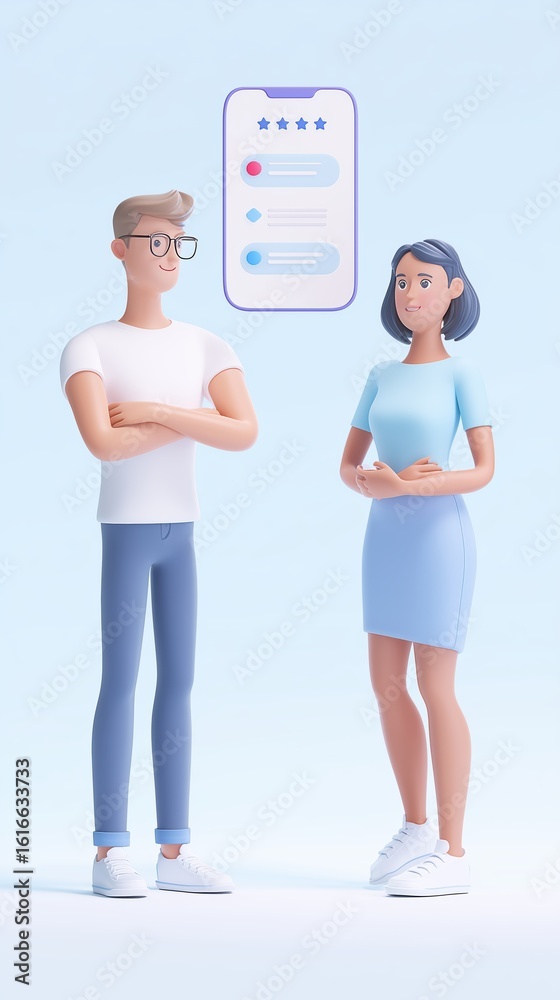 Poster 3d illustration of two characters discussing feedback on a mobile app interface, showcasing user exp