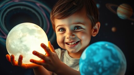 Naklejka premium Child explores the wonders of the universe with planets and celestial bodies in cosmic background at night